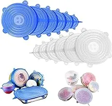 Haundry 12 PCS Silicone Stretch Lids Various Sizes Reusable Durable and Expandable Food Lids Silicone Bowl Lids Cover for Cup Bowl Pot Various Size Food Storage Containers Blue and White