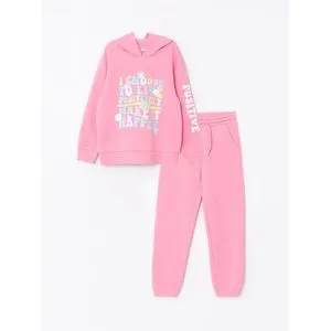 LC Waikiki Hooded Printed Long Sleeve Girl Sweatshirt And Sweatpants