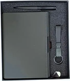 Very Elegant Business Set of a leather hard cover journal notebook A5 metal frame, creamy 100gms papers and with an Elegent Pen and Key chain - Gray set and Black magnetic cover Box (NB50)