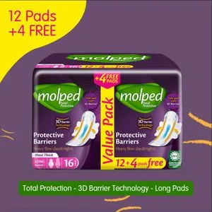 Molped Total Protection Maxi Thick Pads For Heavy Flow - 12 Pads + 4 Free - Long