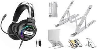 Laptop Essentials Bundle (Lenovo H401 Led Light Gaming Headphone With Noise Canceling Microphone And Stereo Bass Surround Sound 40MM + Laptop Stand, Aluminum Adjustable Laptop Stand for Desk)