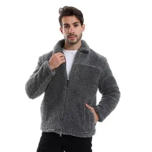 AlNasser Fur Zipper Long Sleeves Jacket - Dark Grey