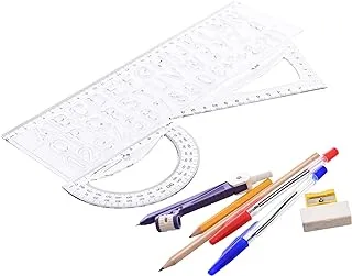 Ark 062 High Quality Student Set (30cm Ruler, Protractor, Triangle, Pencil, Sharpener, Eraser, Red & Blue Pen & Compass) - Multi Color