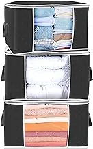 GVTECH 90L Clothes Storage Bags Large Storage Box With Lid Packing Boxes for Moving House With Reinforced Handle Thick Fabric Clear Window for Clothes Duvet Blankets Bedding, 3 Pack, Black