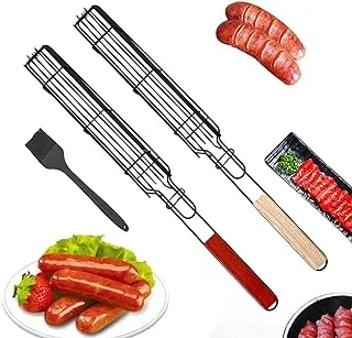 Baskets Grill Basket Fish Roaster Made of Stainless Steel BBQ Skewers Square Kebab with Wooden Handle Grill Mesh for Roasted Vegetables Sausage Meat (Pack of 2)