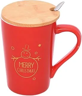 Generic Ceramic Elegant Christmas Print Design Mug With Wooden Lid And Small Spoon Set Of 3 Pieces - Multi Color