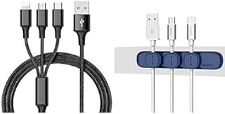 Cable Essentials Bundle (WIWU Mobile Phone Charging Cable Data Cable with type C Lightning Micro USB ports, 3 in 1 3.94ft Aluminium Braided Nylon Charger Cable for. + Baseus peas cable clip blue)