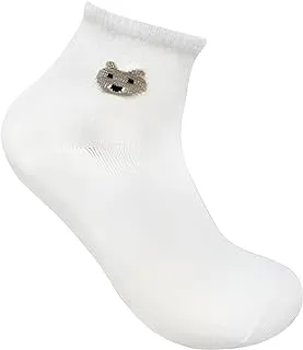 White Flower Cotton Ankle Socks Printed Bear for Girls-Off White-12Year