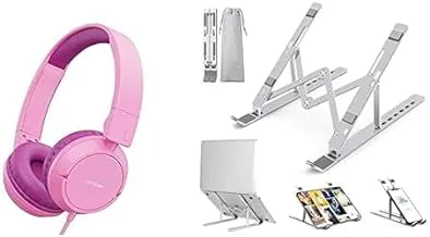 Laptop Essentials Bundle (Joyroom JR-HC1 Kids wired headphones-Pink + Laptop Stand, Aluminum Adjustable Laptop Stand for Desk, 7 Levels Computer Stand Holder)