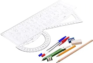 Ark 062 High Quality Student Set (30cm Ruler, Protractor, Triangle, Pencil, Sharpener, Eraser, Red & Blue Pen & Compass) - Multi Color