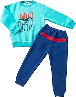 Access Cotton Pajama Set of 2 Pieces Long Sleeves Sweatshirt&Pants Printed City Cars For Boys-Turquoise&Navy-5Year