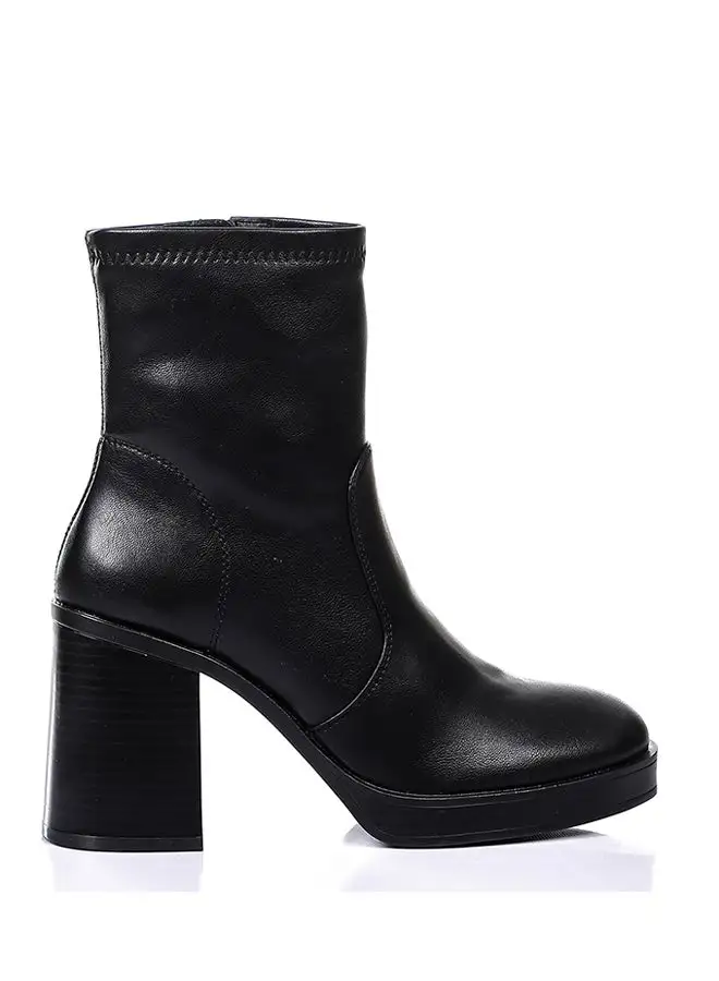 DejaVu Stitching Detail Classy Leather Plain Black Mid Calf Heeled Boots