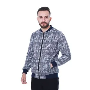 Activ Self Patterned White & Navy Blue Zipped Sweatshirt