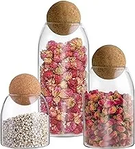 Glass Jar with Ball Cork Lid, 3 Pack Glass Canister with Wood Lid, Glass Food Storage Jars, Glass Jars Set, Kitchen Glass Canisters, for Home Kitchen, for Coffee, Tea, Flour, Candy, Cookie, Spice