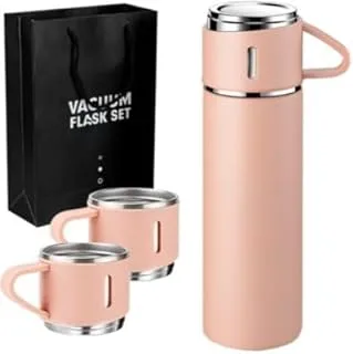 CA&KO|Premium Stainless Steel Travel Flask with 3 Cups, with Built-in Leakproof Lid 500 ml, Airtight Seal Keeps Cold and Hot Up to 14 Hours (Vintage Pink)