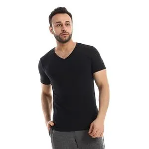 Red Cotton Short Sleeve Undershirt For Men- V Neck - Black