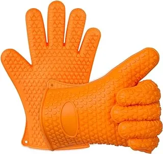 EVERDIGI Silicone BBQ Gloves Heat Resistance Grilling Waterproof Non- Slip Gloves for Potholder Grill Cooking Baking Frying Set of 2 Mitts -Orange