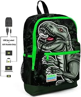 Coral High Kids Four Compartment USB School Backpack - Dark Green Black Dinosaur Patterned