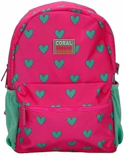 Coral High Kids Two Compartment Small Nest Backpack -Neon Pink Sea Green Heart Pattern