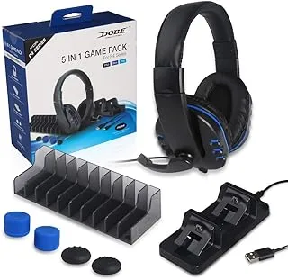 Dobe 5 in 1 Game Pack, Dual Charger Station Dock, Headset with Mic, Disc Stroage Stand, Charging Cable and Thumbstick Cover Grips for Playstation 4 PS4, PS4 Pro, PS4 Slim