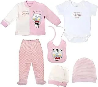 Baby Shoora Cotton Set Of 6 Pieces Long Sleeves T-Shirt,Pants,Half Sleeves Bodysuit,Bib,Gloves&Hat Printed For Boys-Multicolor-0-3Month