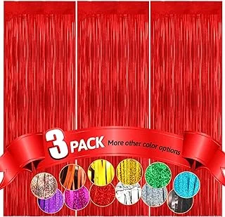 Fannev 3.3 ft x 8.2 ft Metallic Red Tinsel Foil Fringe Curtains Party Photo Back Drop Party Streamers for Birthday, Graduation, New Year Eve Decorations Wedding Decor 3 Pack