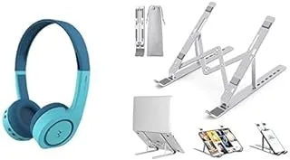 Laptop Essentials Bundle (Bingozones B18 Kid's Wired Headphones with Microphone (Green) + Laptop Stand, Aluminum Adjustable Laptop Stand for Desk, 7 Levels Computer Stand Holder)