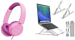 Laptop Essentials Bundle (Joyroom JR-HC1 Kids wired headphones-Pink + Artikel® Uni-Lite+ Laptop Stand with Carry Pouch | 6 Height Adjustable Riser for desk)