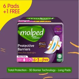 Molped Total Protection Maxi Thick Pads For Heavy Flow - 6 Pads + 1 Free - Long