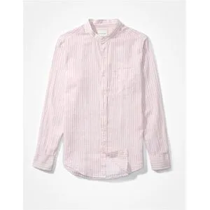 American Eagle  Band Collar Linen Striped Button-Up Shirt.