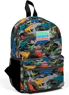 Coral High Kids Two Compartment Small Nest Backpack - Dark Gray Black Camouflage Dinosaur Pattern