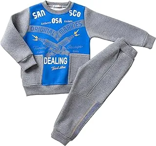 Access Cotton Pajama Set of 2 Pieces Long Sleeves Sweatshirt&Pants Printed Shapes For Boys-Grey&Blue-7Year