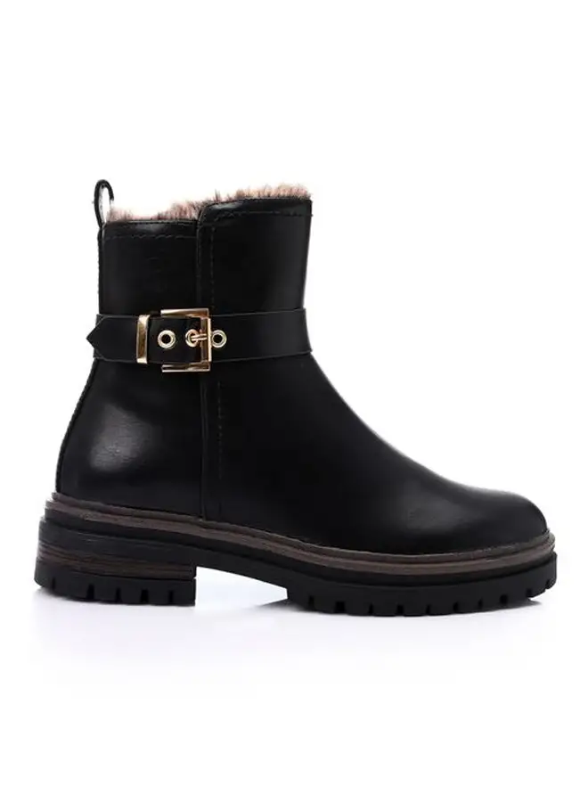 DejaVu Zipper Mid Calf Boots With Decorative Buckle - Black