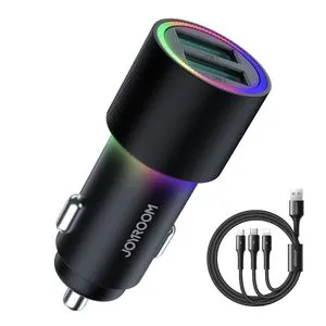 JOYROOM JR-CL10 4.8A Dual-port (USB) Car Charger+3 In 1 Braided Fast Charging USB Cable Black