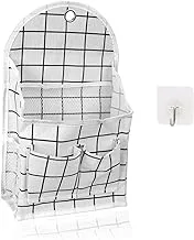 FuninCrea Wall Hanging Storage Bag, Black and White Check Linen Hanging Organizer, Bedroom Hanging Bag with 6 Pockets and 1 Hanging Hook (White)