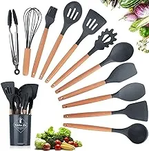 ZYYRSS Silicone Cooking Utensil Kitchen Utensils Set, 11 Pieces Silicone Kitchen Utensil Wooden Handles, Kitchen Spatula Sets with Holder (Dark Gray)