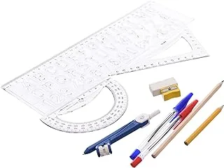 Ark 062 High Quality Student Set (30cm Ruler, Protractor, Triangle, Pencil, Sharpener, Eraser, Red & Blue Pen & Compass) - Multi Color