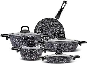 Karaca Organic Granite Blue Stone 9-Piece Pot Set, Granite Veneer, Cookware, Low Pot, Pan, Sahan, Maximum Health Prepared