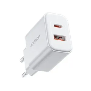 JOYROOM JR-TCF05 20W USB-C / USB-A Fast Dual Port Wall Charger - White + USB-C - Lightning 1m