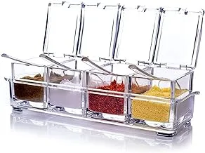 Finiviva 4 pc Acrylic Spice Seasoning Box with Spoons, Salt Pepper Rack, Transparent