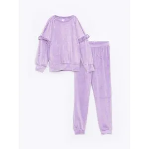 LC Waikiki Crew Neck Basic Long Sleeve Velvet Girls Pajamas Set