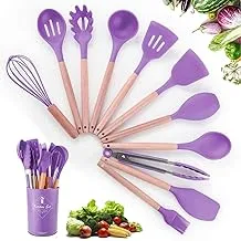 ZYYRSS Silicone Cooking Utensil Kitchen Utensils Set, 11 Pieces Silicone Kitchen Utensil Wooden Handles, Kitchen Spatula Sets with Holder (Purple)