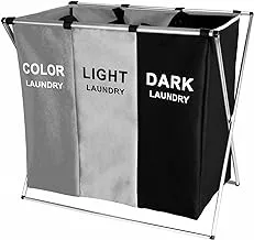 135L Laundry Cloth Hamper Sorter Basket Bin Foldable 3 Sections with Aluminum Frame 26''×24''H Washing Storage Dirty Clothes Bag for Bathroom Bedroom Home Storage basket(3 Liner) (Black+Beige+Grey)