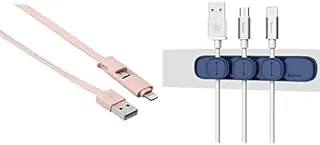 Cable Essentials Bundle (Keendex 1895 pigeg 2-in-1 lightning and micro charging cable, 1 meter - rose + Baseus peas cable clip blue)