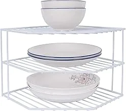 3-Tier Corner Shelf Counter and Cabinet Organizer - Steel Metal Wire - Rust Resistant - Plates, Dishes, Cabinet & Pantry Organizer - Kitchen Organization (10 x 7.5 Inch) (White)