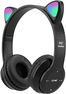 QOTSTEOS Children's Bluetooth Headphones, Cat Ears, Over-Ear Headphones with LED Light, Girls' Cat Ear Headphones, Over-Ear with LED Light, Foldable Stereo Headphones, Wireless (Black)