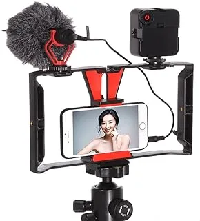 FocusFoto Smartphone Video Rig Camera Cage Mount Holder Stabilizer Handle Grip with BOYA by-MM1 Shotgun Microphone Mic And 49 LED Light Kit for Mobile Phone iPhone Filmmaking Professional Videomaker