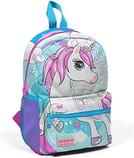 Coral High Kids Two Compartment Small Nest Backpack - Blue Neon Pink Unicorn Pattern