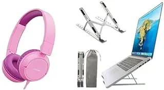 Laptop Essentials Bundle (Joyroom JR-HC1 Kids wired headphones-Pink + XEEMYX Portable Laptop Stand Adjustable Laptop Riser for Desk Foldable Design)