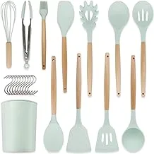 Pahajim Silicone Wooden Kitchen Utensil Set,Pasta Server Slotted Turner Slotted Spoon Basting Brush Kitchen Tong Flexible Spatula Deep Soup Ladle Solid Turner Spoon Spatula Solid Spoon(Green)